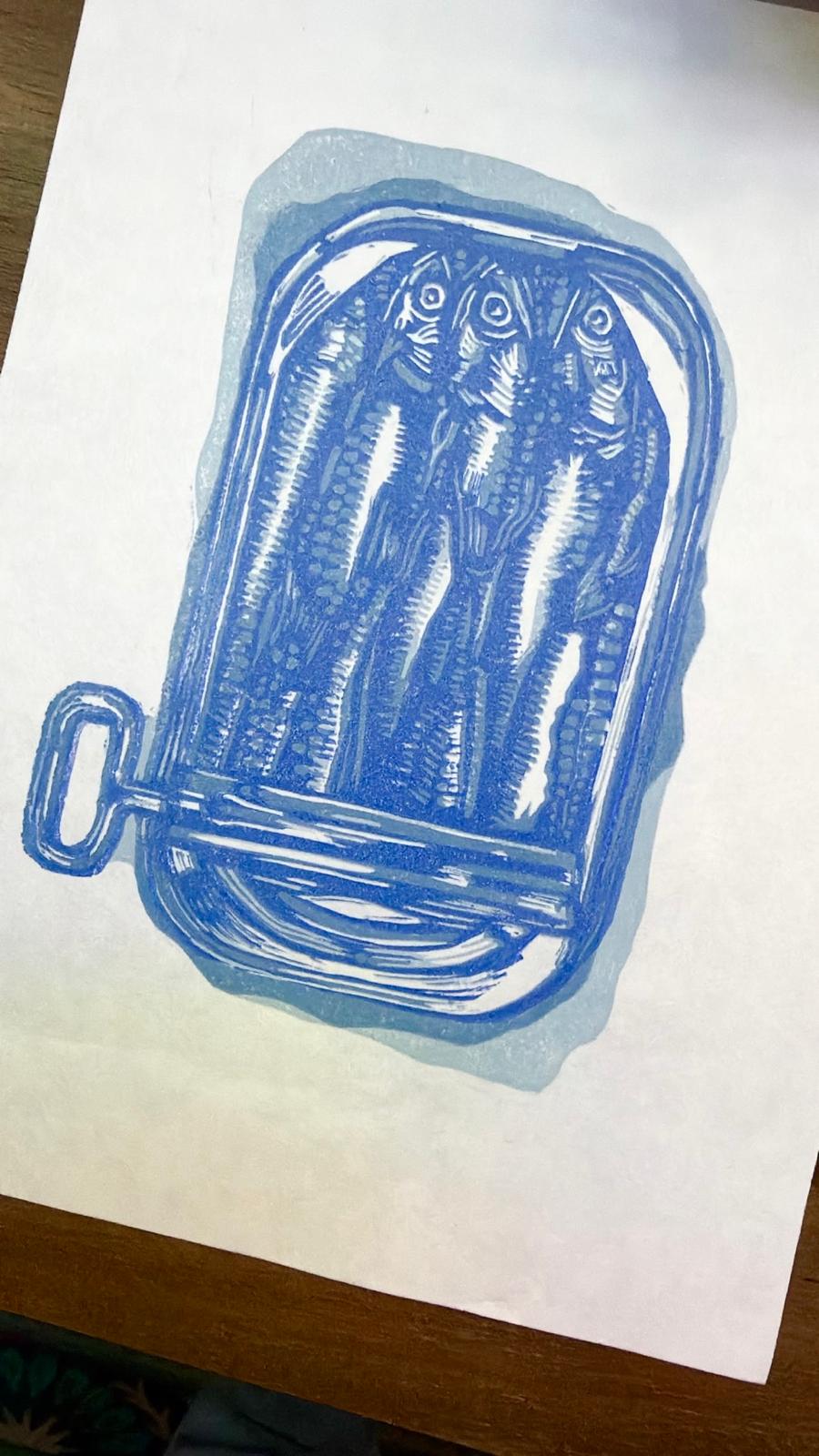 Tin of Sardines linocut