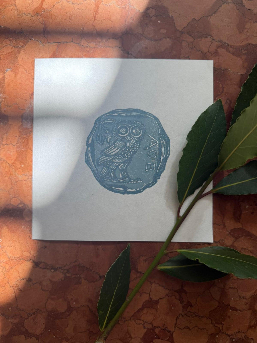 Athenian owl wisdom amulet coin linoprint
