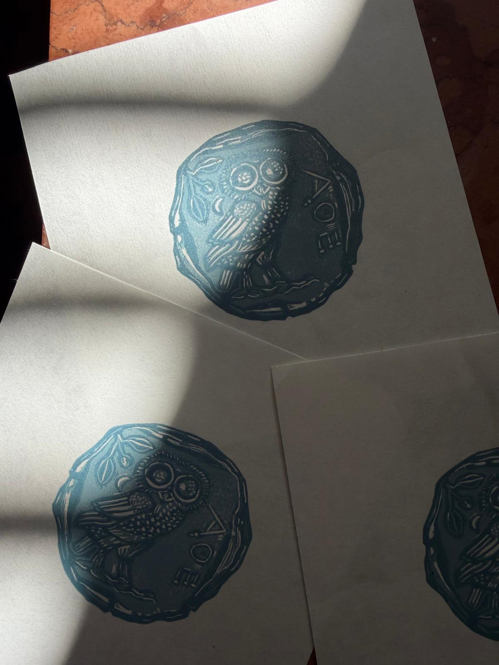 Athenian owl wisdom amulet coin linoprint