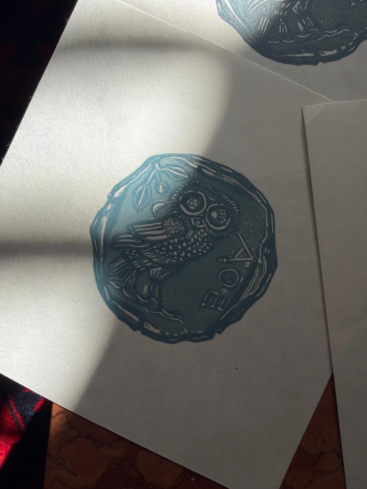 Athenian owl wisdom amulet coin linoprint