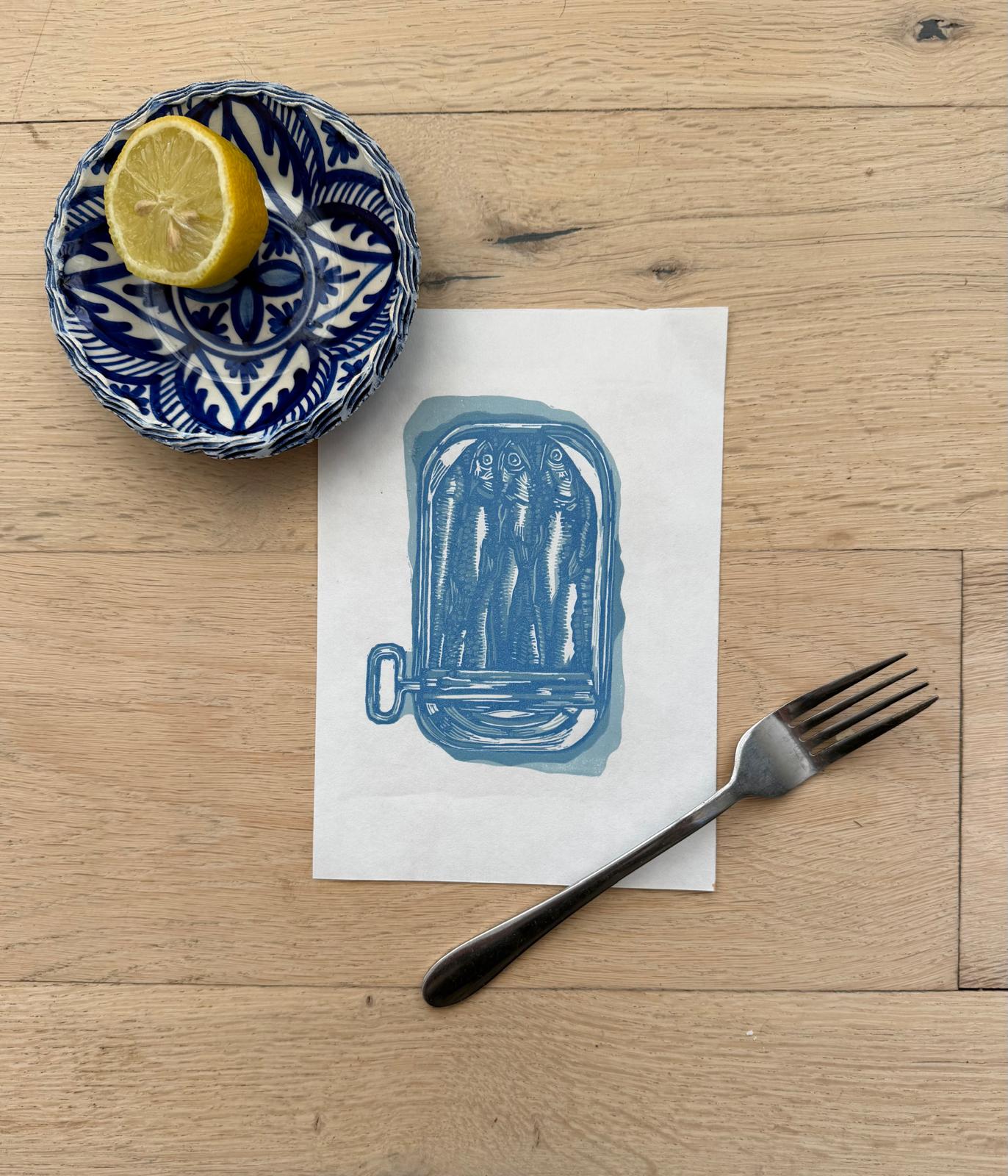 Tin of Sardines linocut